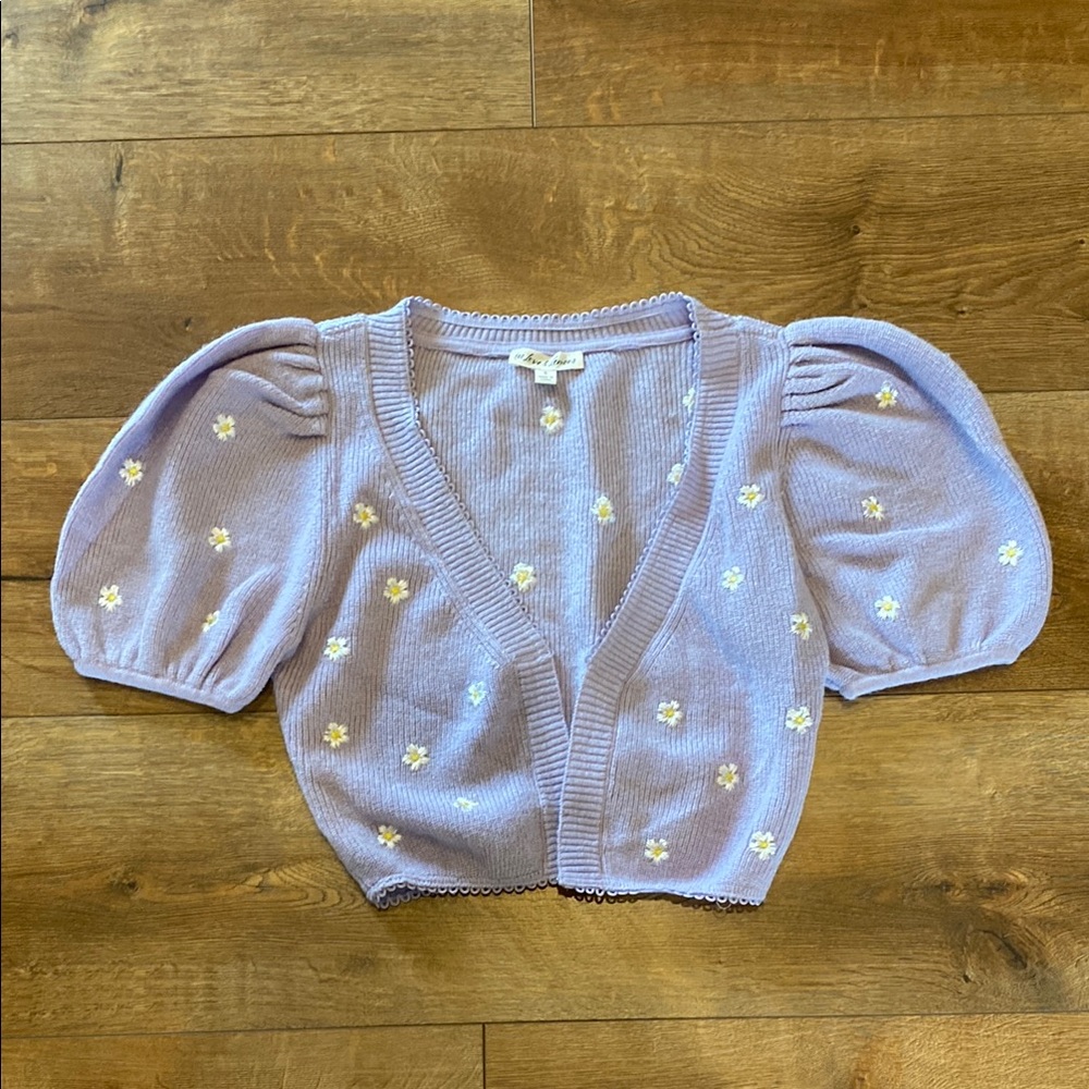 NWOT For Love & Lemons Purple Puff Sleeve Cardigan with Floral Embroidery